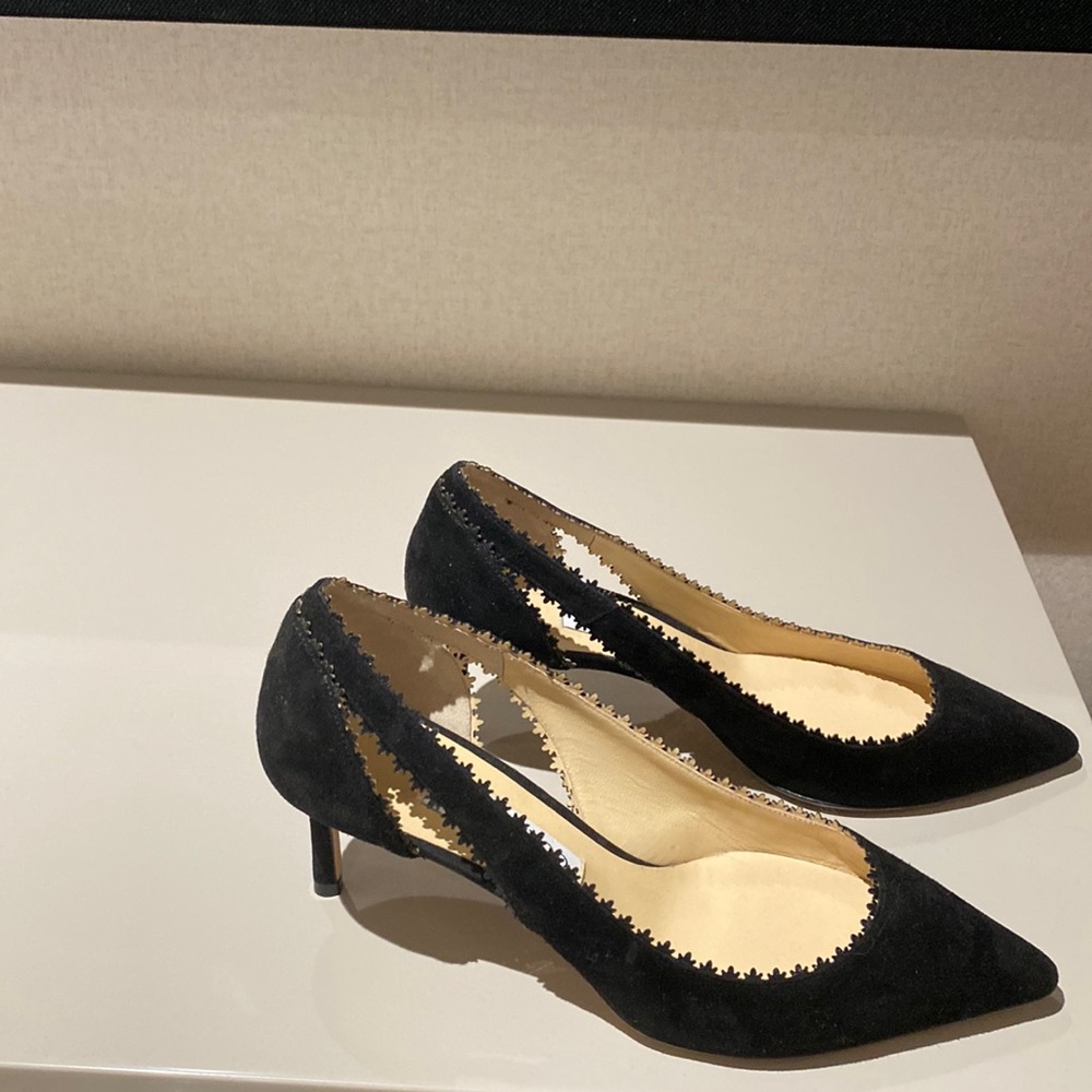 Jimmy Choo size 8.5 black suede pumps with cut outs, very good condition